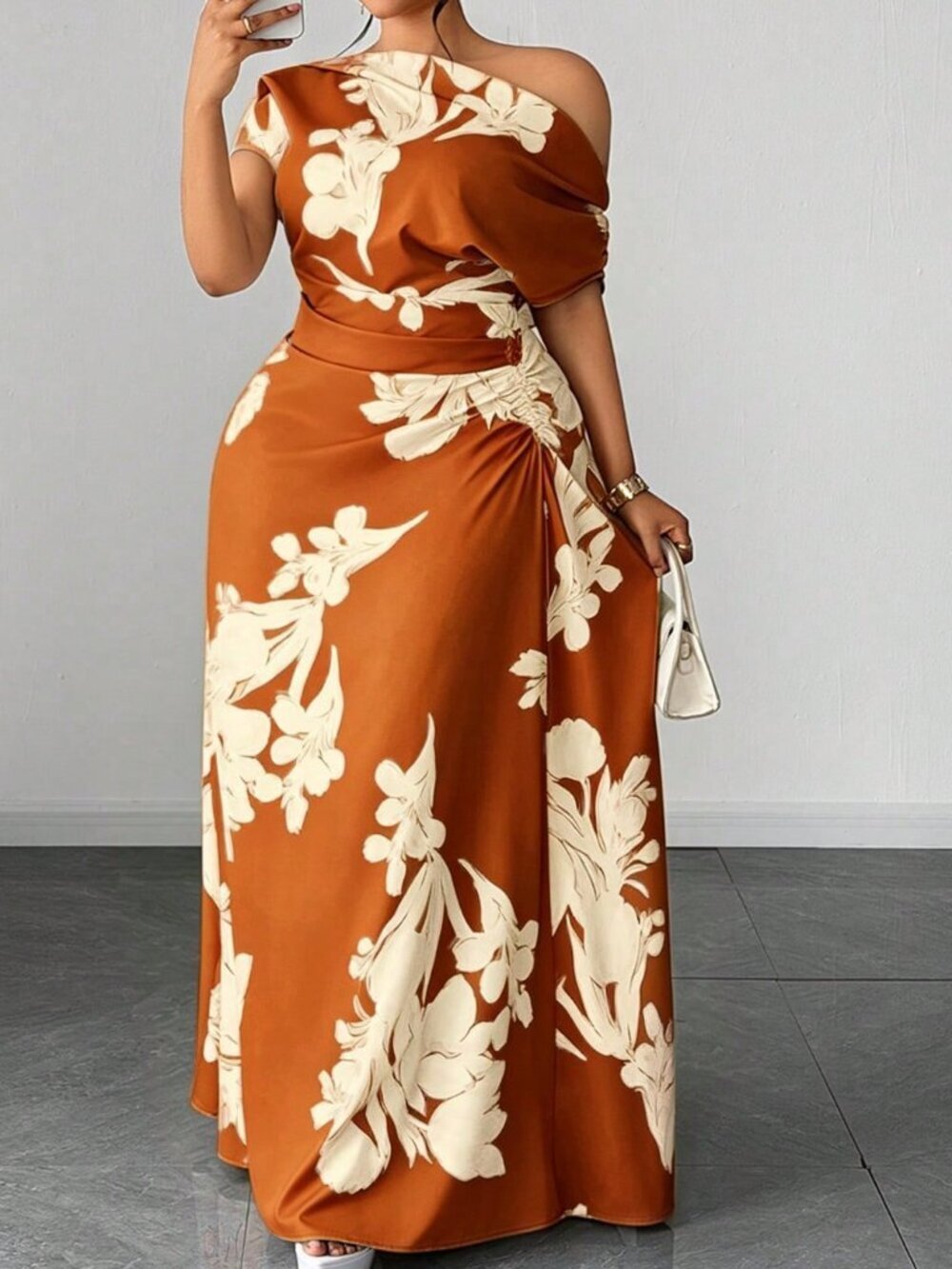 Women's Plus Size Floral Print Asymmetrical Shoulder Ruched Waist Dress